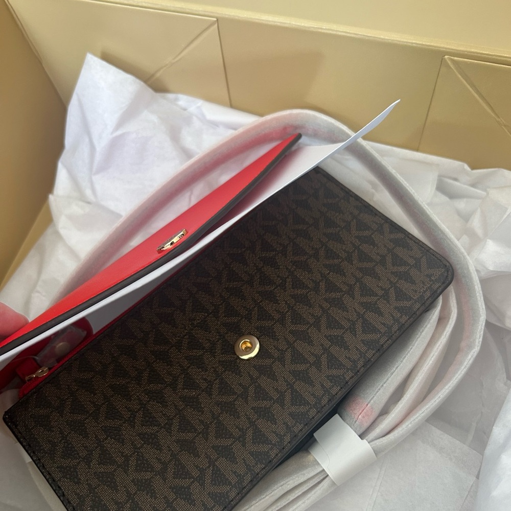 Michael Kors Jet Set Travel Small Flap Clutch Crossbody Bag (brown + red) - Picture 5 of 12